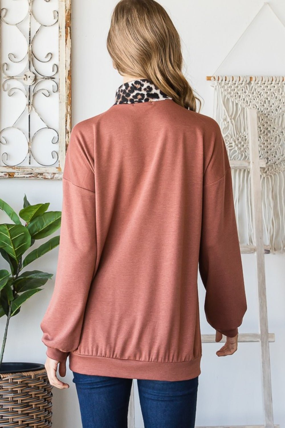 Heimish - Leopard Quarter Zip Mock Neck Sweatshirt in Rust