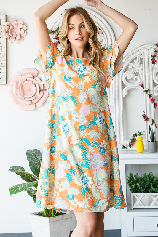 Heimish - Orange Floral Short Sleeve Mini Dress