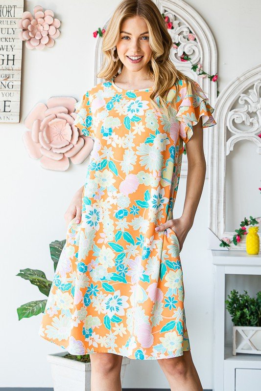 Heimish - Orange Floral Short Sleeve Mini Dress