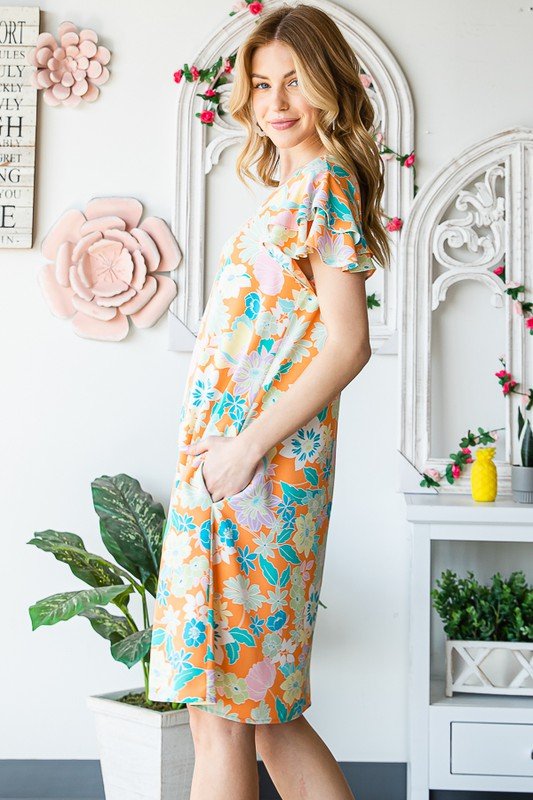 Heimish - Orange Floral Short Sleeve Mini Dress