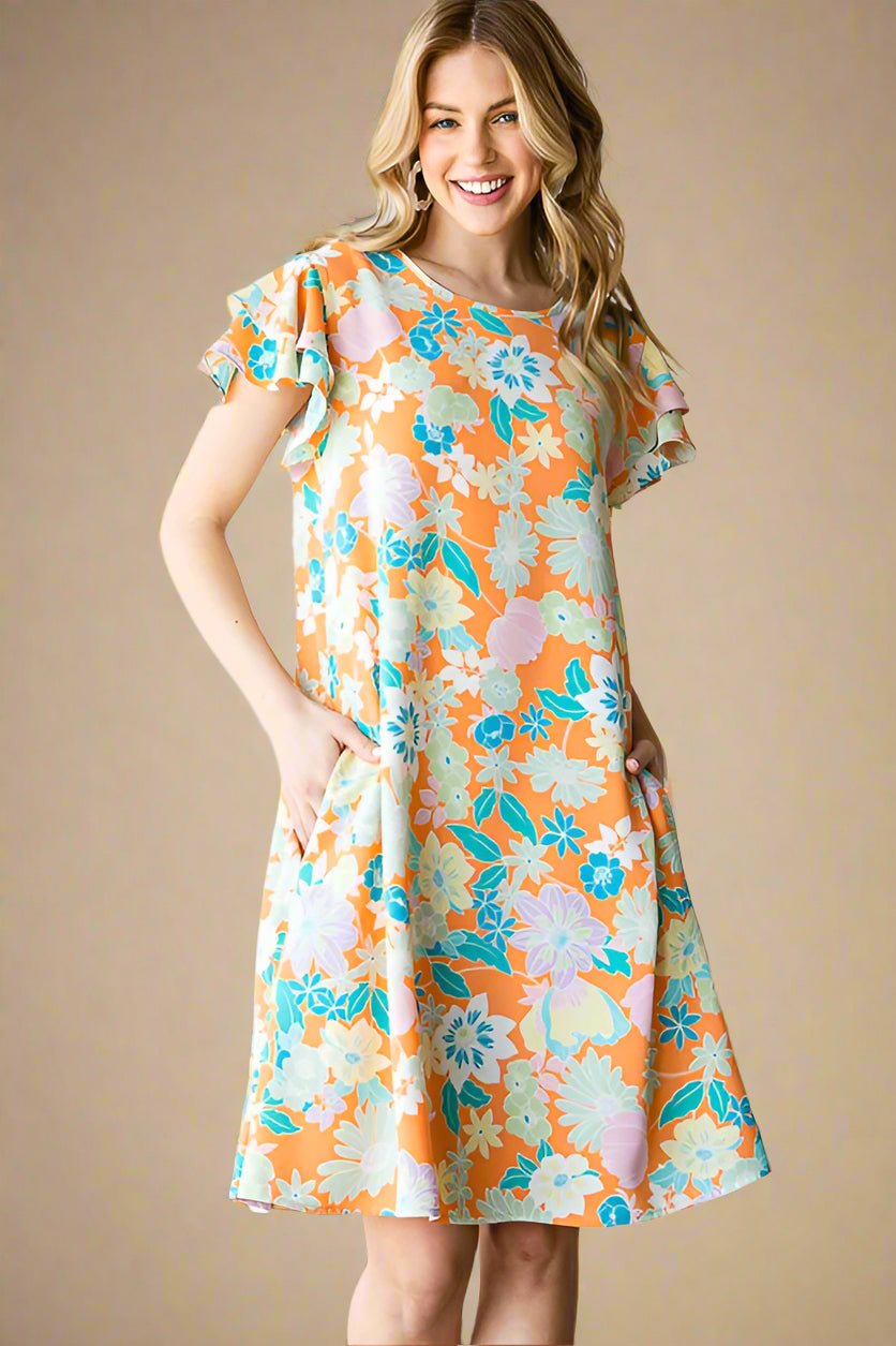 Heimish - Orange Floral Short Sleeve Mini Dress