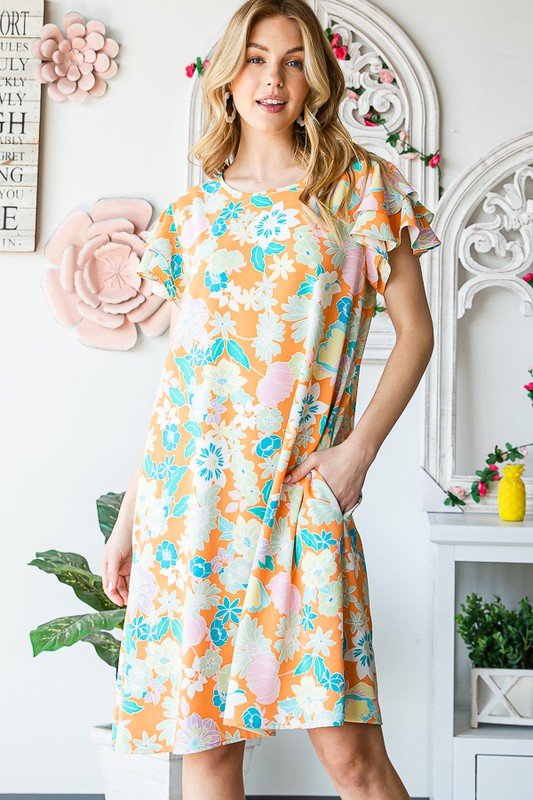 Heimish - Orange Floral Short Sleeve Mini Dress