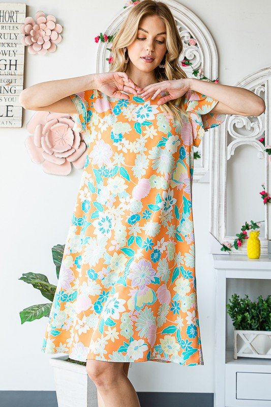 Heimish - Orange Floral Short Sleeve Mini Dress