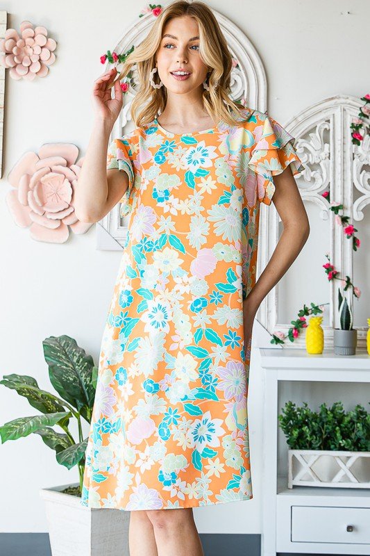 Heimish - Orange Floral Short Sleeve Mini Dress