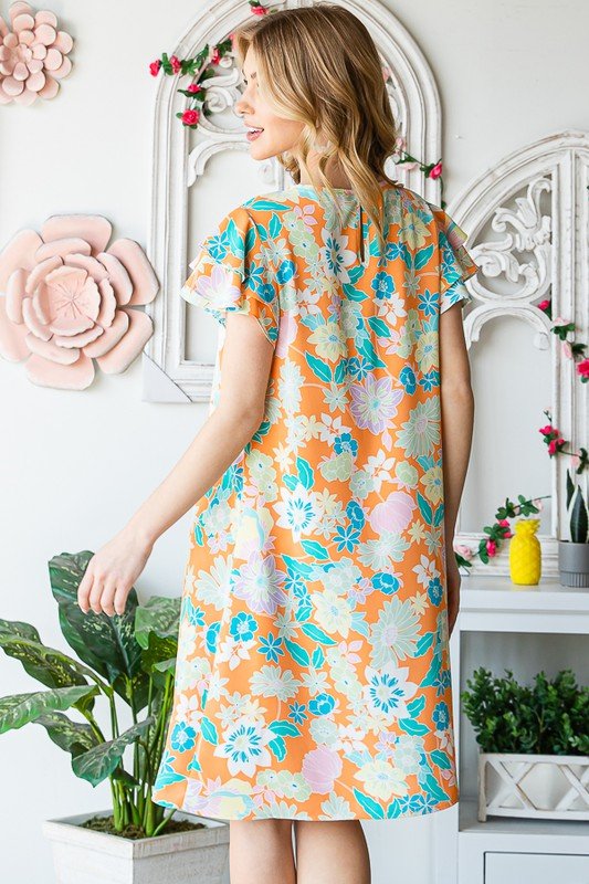 Heimish - Orange Floral Short Sleeve Mini Dress