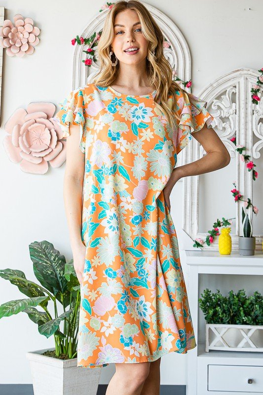 Heimish - Orange Floral Short Sleeve Mini Dress