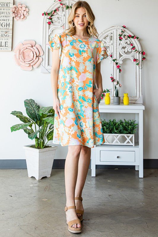 Heimish - Orange Floral Short Sleeve Mini Dress