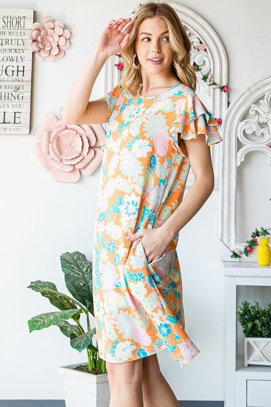 Heimish - Orange Floral Short Sleeve Mini Dress