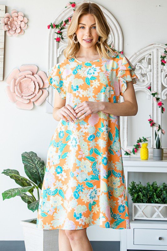 Heimish - Orange Floral Short Sleeve Mini Dress