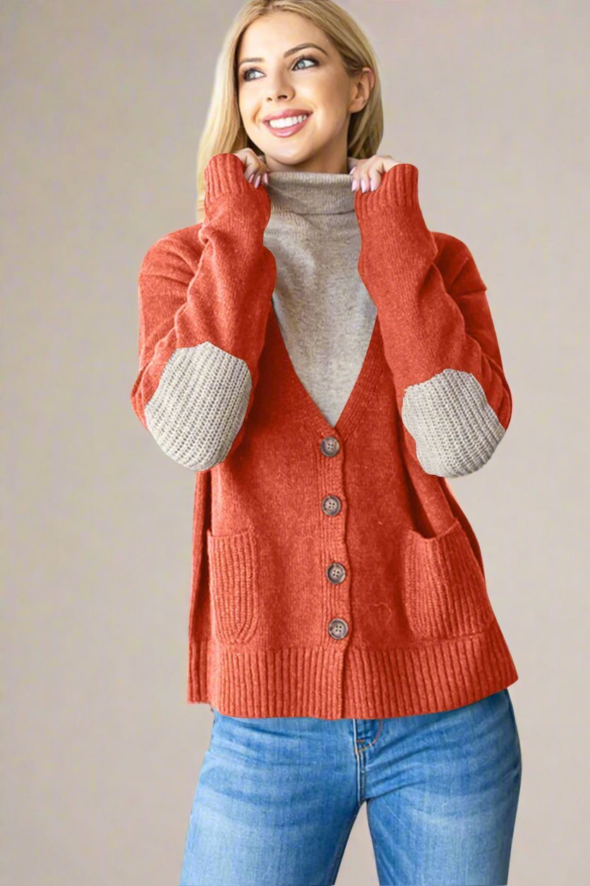 Heimish - Orange - Red Elbow Patch Button Down Cardigan