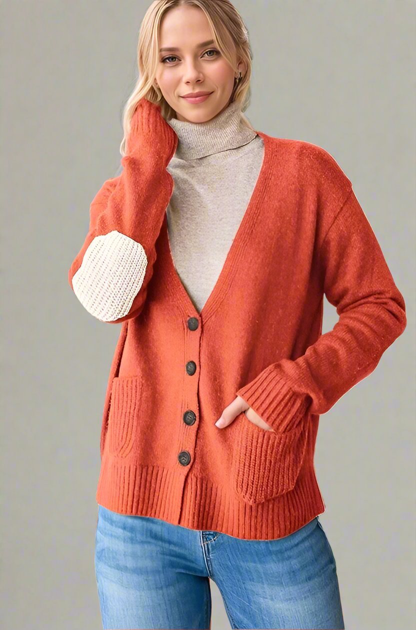 Heimish - Orange - Red Elbow Patch Button Down Cardigan