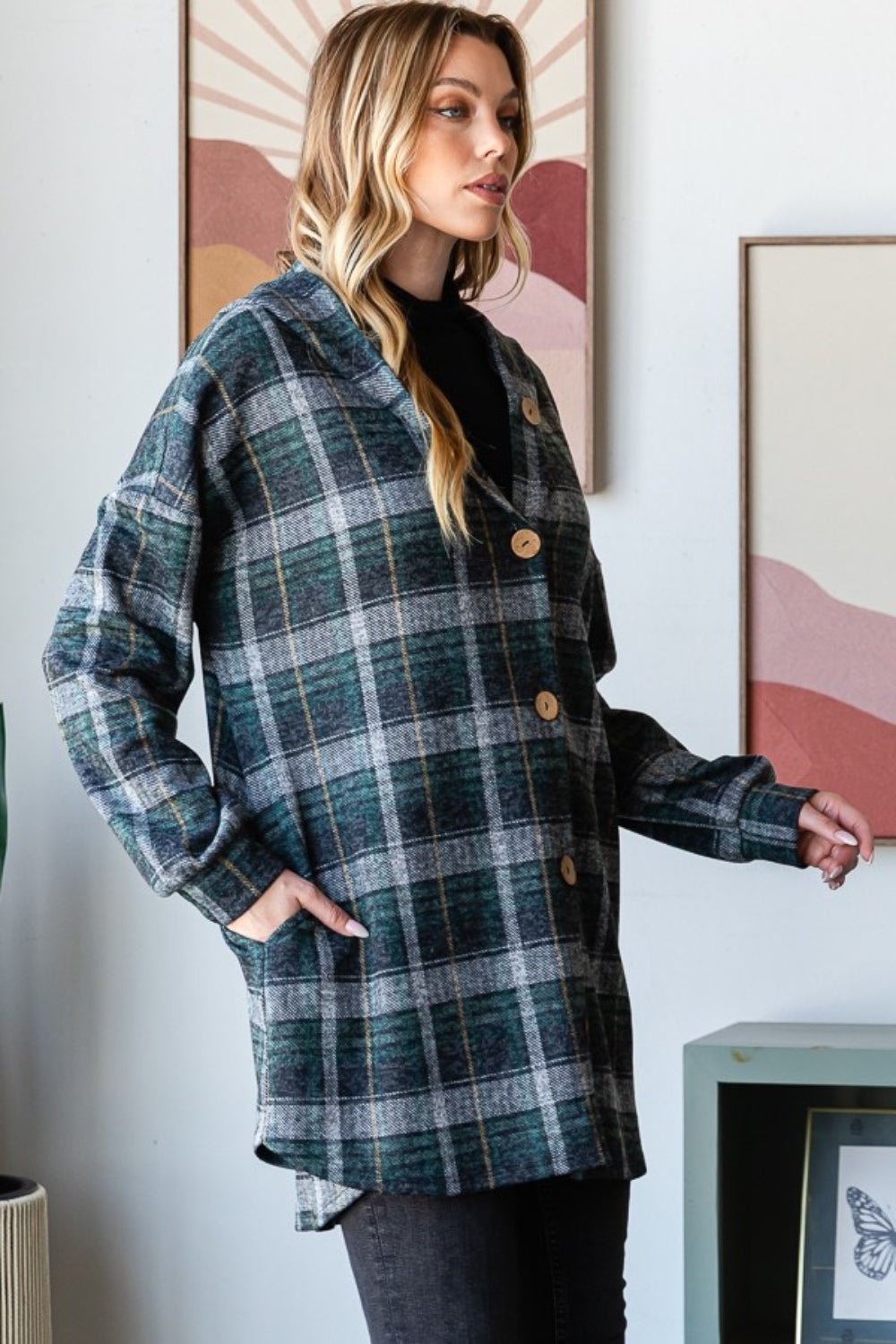 Heimish - Plaid Button Down Long Sleeve Hooded Cardigan in Hunter Green