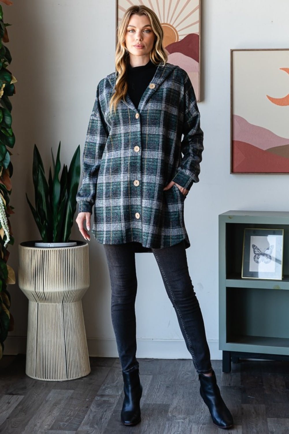 Heimish - Plaid Button Down Long Sleeve Hooded Cardigan in Hunter Green