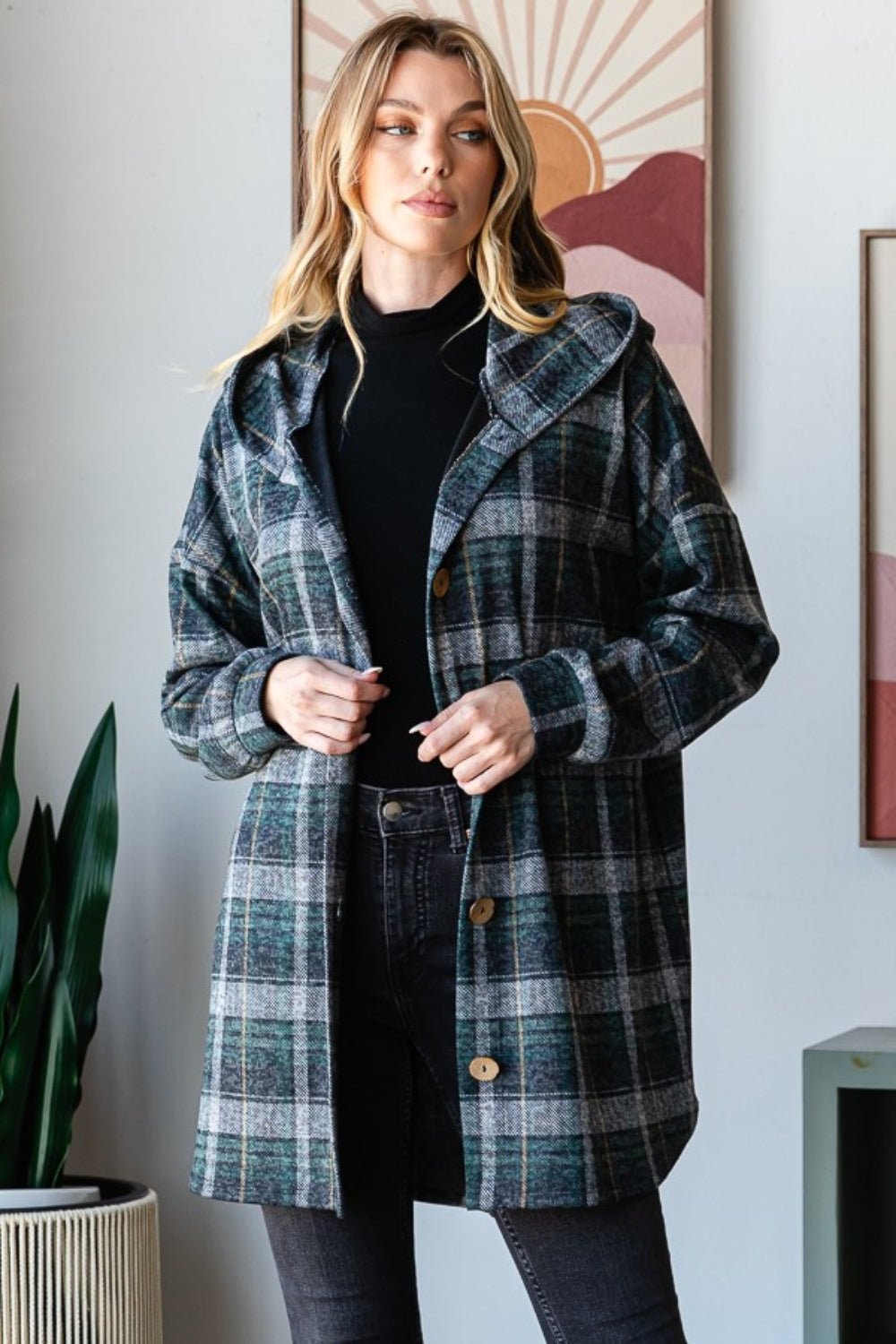 Heimish - Plaid Button Down Long Sleeve Hooded Cardigan in Hunter Green