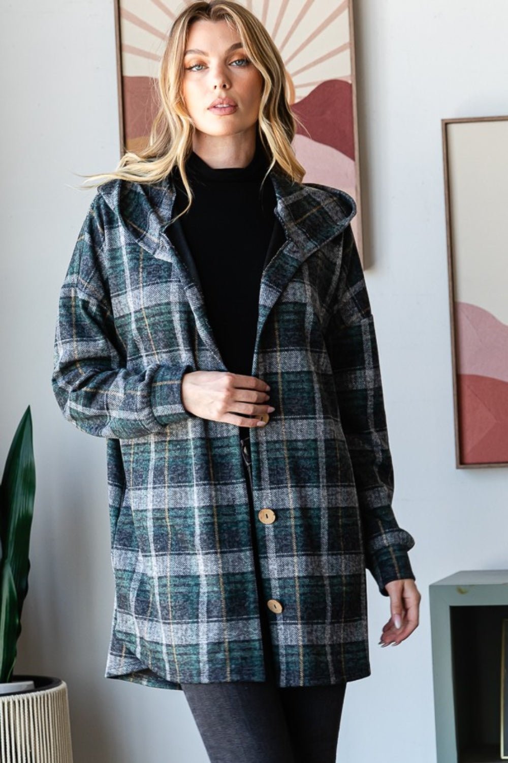 Heimish - Plaid Button Down Long Sleeve Hooded Cardigan in Hunter Green