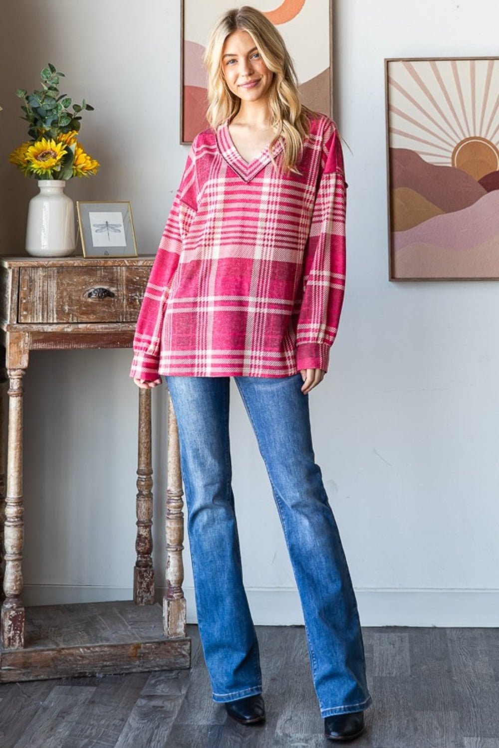 Heimish - Plaid Drop Shoulder V - Neck Long Sleeve T-Shirt in Burgundy Multi