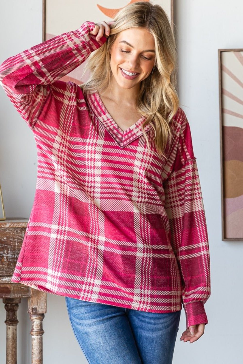 Heimish - Plaid Drop Shoulder V - Neck Long Sleeve T-Shirt in Burgundy Multi