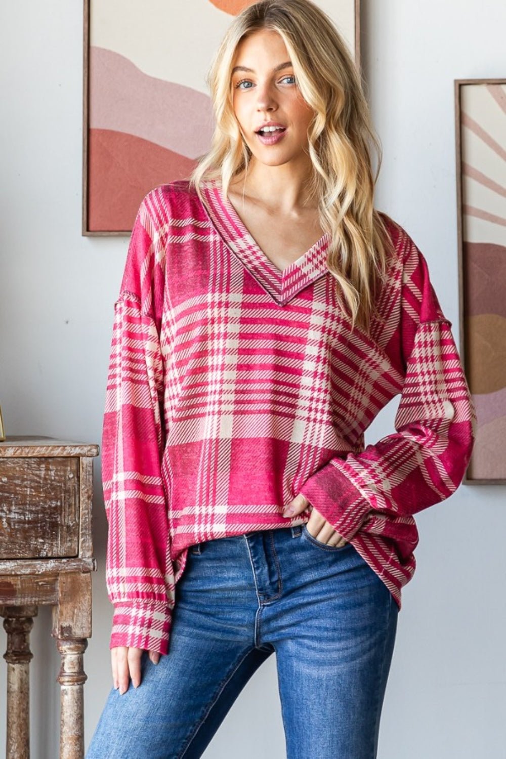 Heimish - Plaid Drop Shoulder V - Neck Long Sleeve T-Shirt in Burgundy Multi