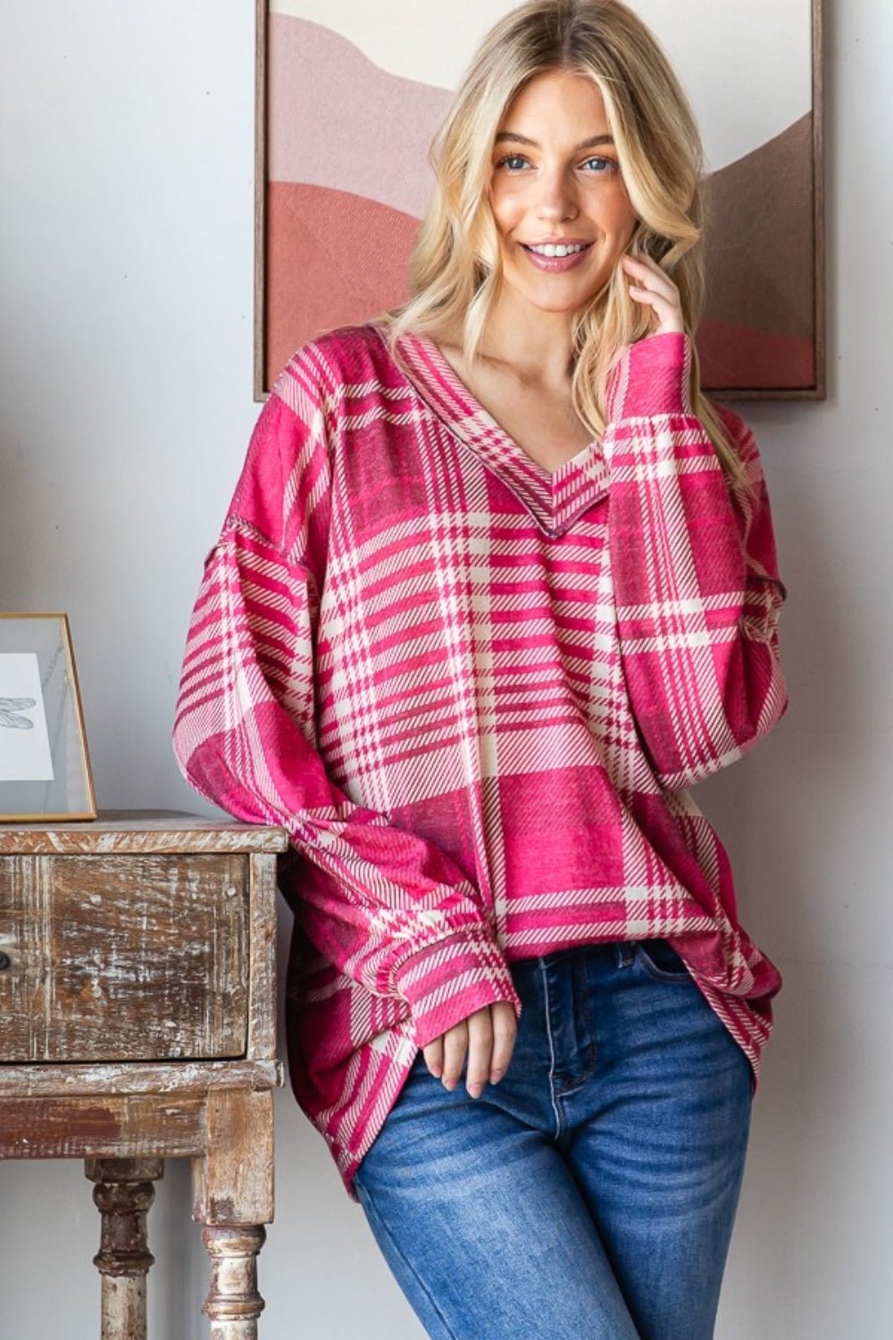 Heimish - Plaid Drop Shoulder V - Neck Long Sleeve T-Shirt in Burgundy Multi