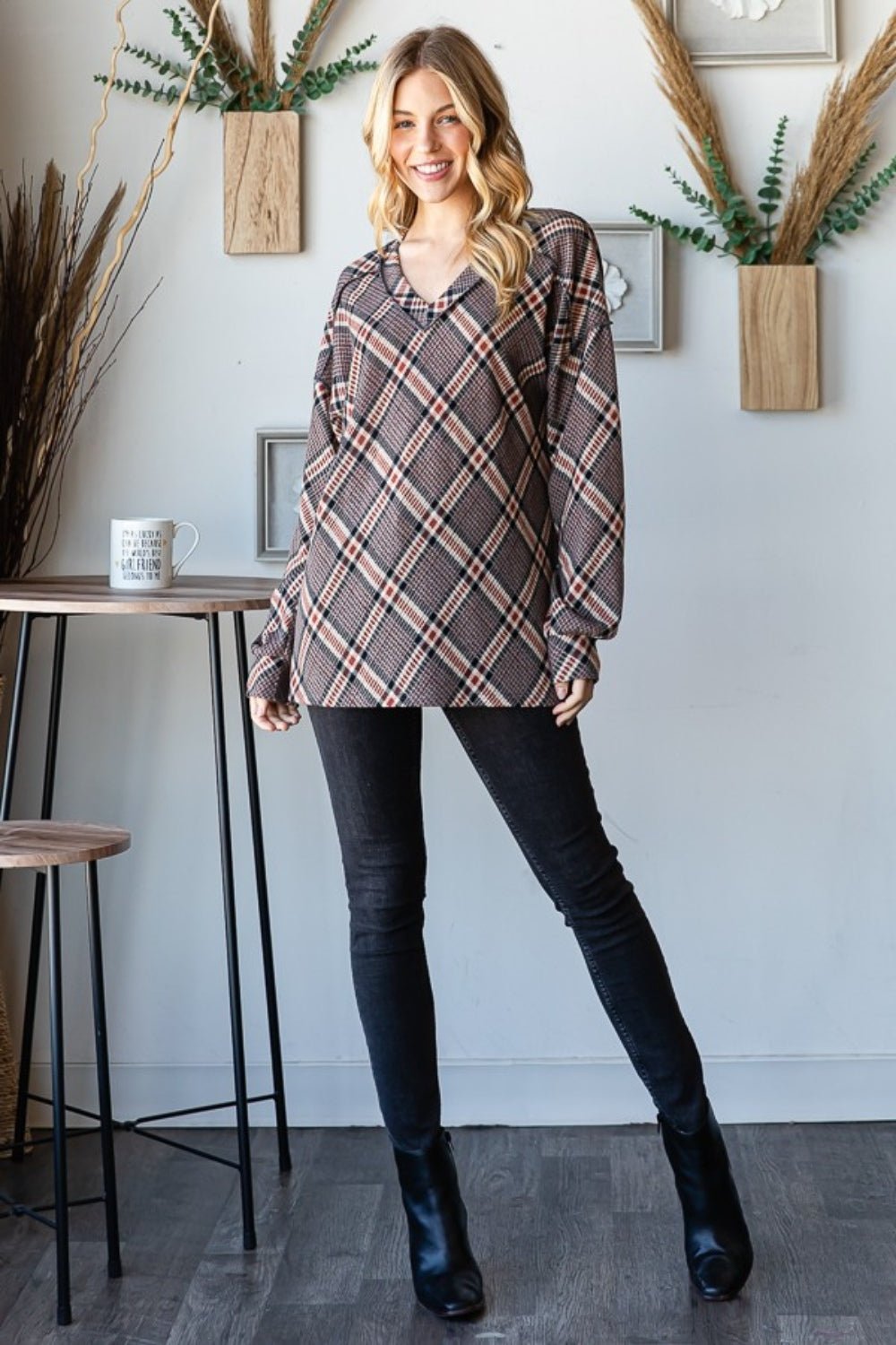 Heimish - Plaid Exposed Seams V - Neck Long Sleeve T-Shirt in Mocha Multi