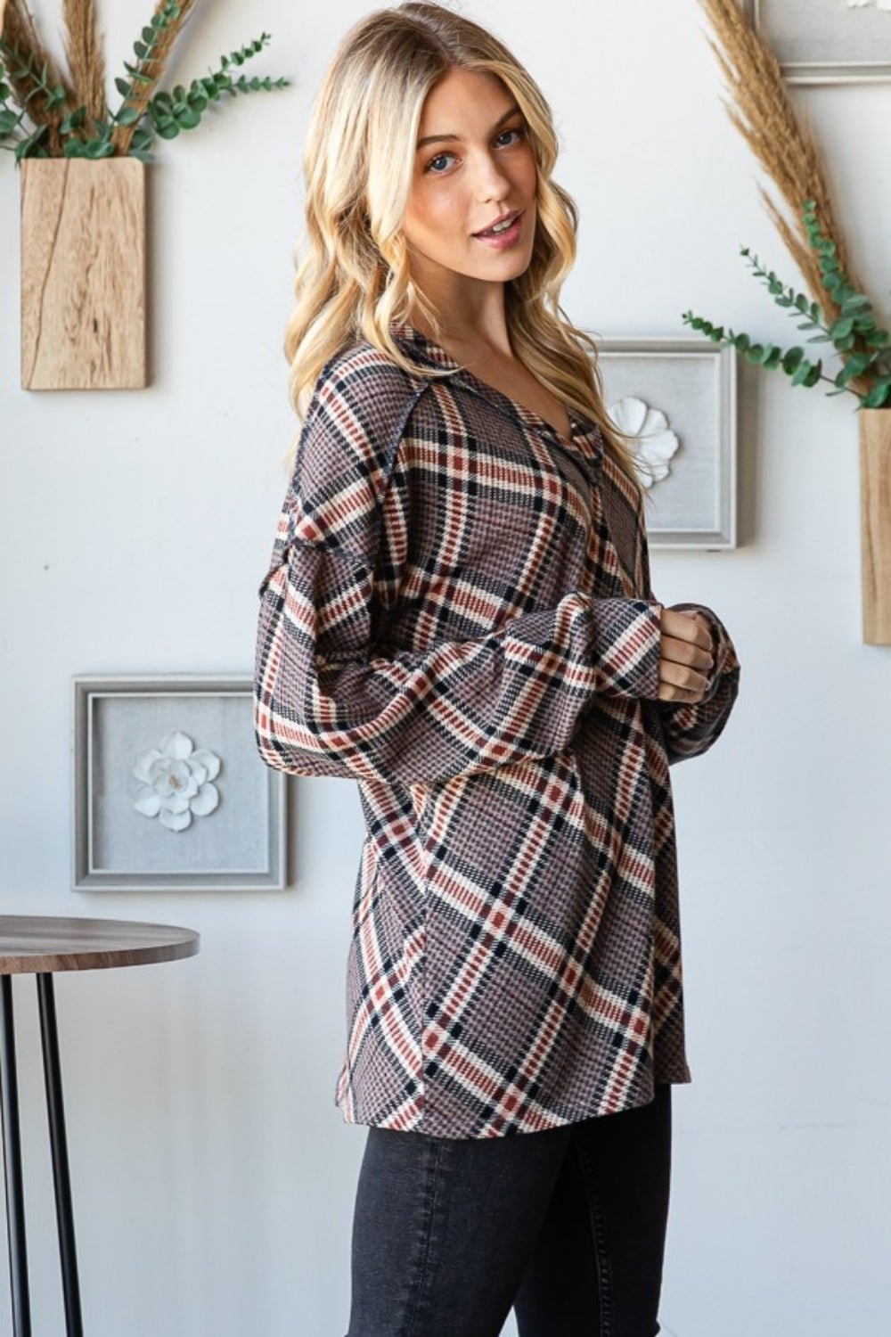 Heimish - Plaid Exposed Seams V - Neck Long Sleeve T-Shirt in Mocha Multi