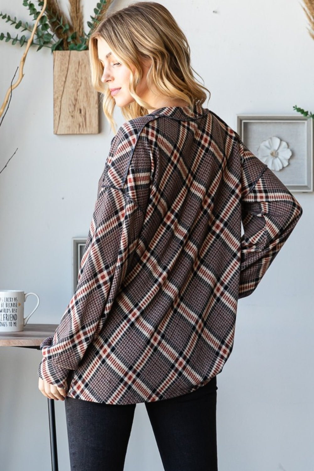 Heimish - Plaid Exposed Seams V - Neck Long Sleeve T-Shirt in Mocha Multi