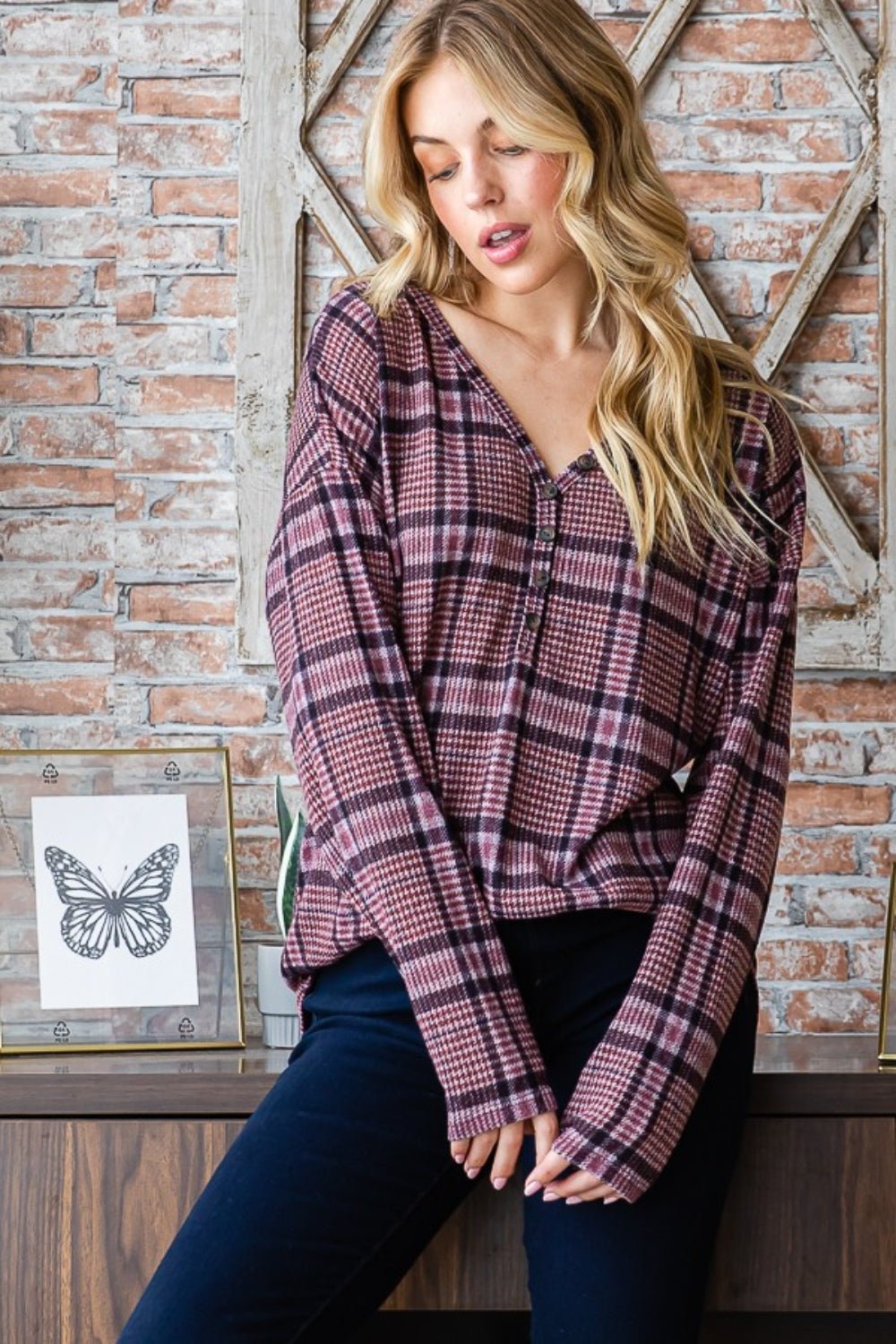 Heimish - Plaid V - Neck Long Sleeve Top in Mauve