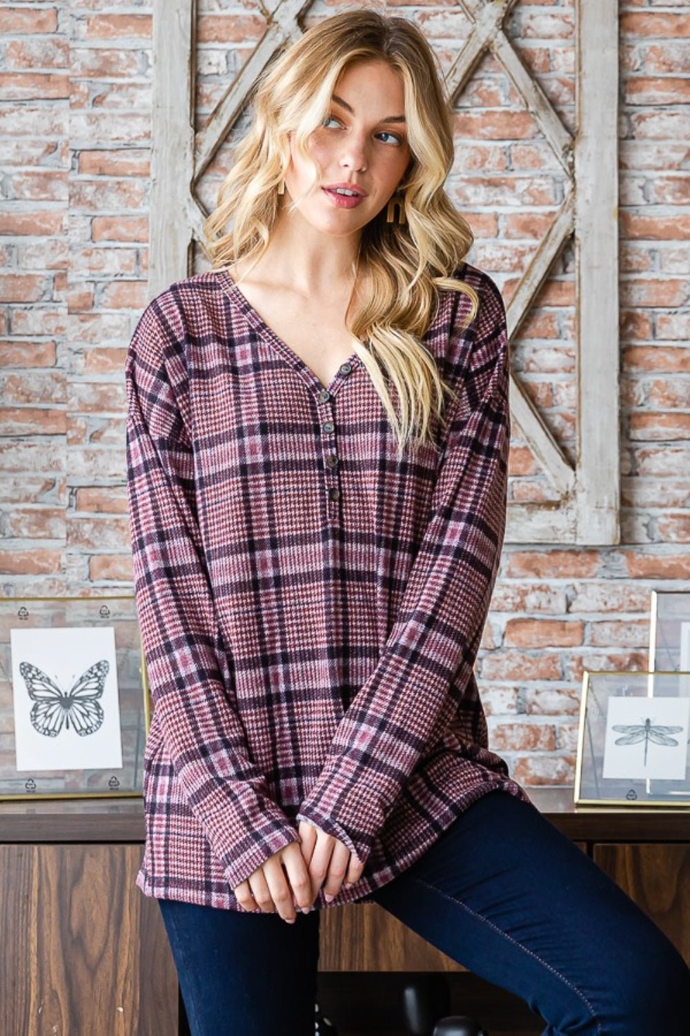 Heimish - Plaid V - Neck Long Sleeve Top in Mauve