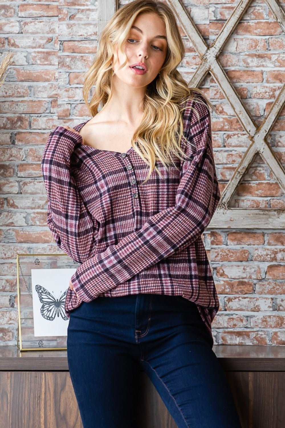 Heimish - Plaid V - Neck Long Sleeve Top in Mauve