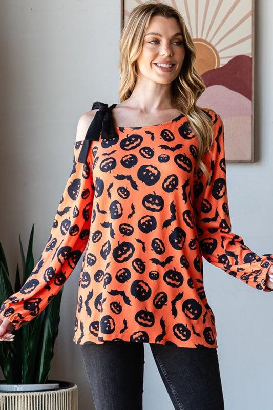 Heimish - Pumpkin Print One Shoulder Long Sleeve T-Shirt in Orange Multi