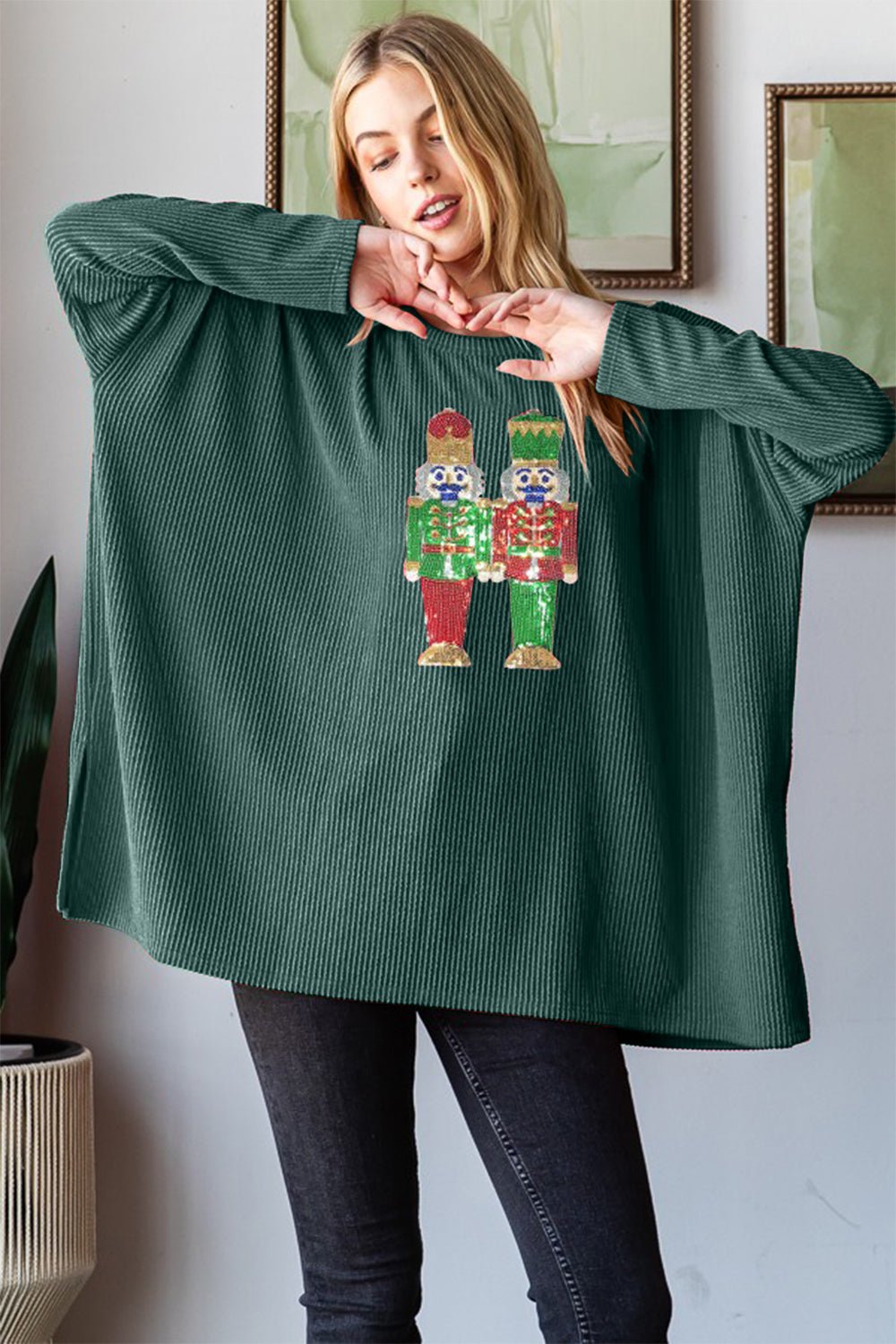 Heimish - Sequin Nutcracker Long Sleeve Rib Knit Top in Hunter Green