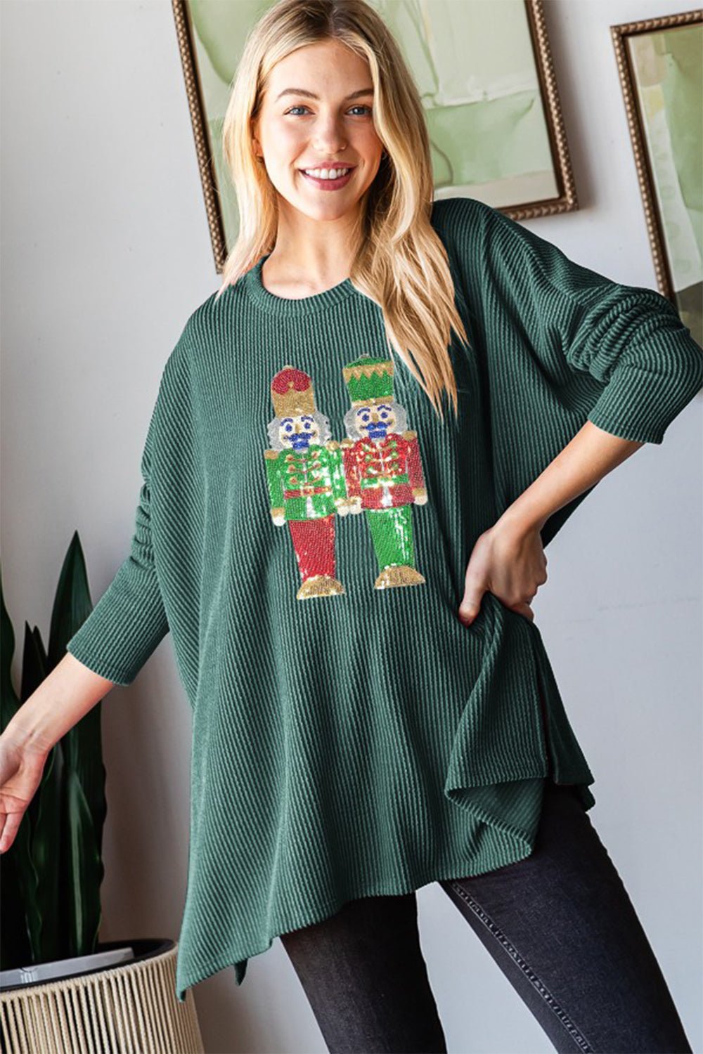 Heimish - Sequin Nutcracker Long Sleeve Rib Knit Top in Hunter Green