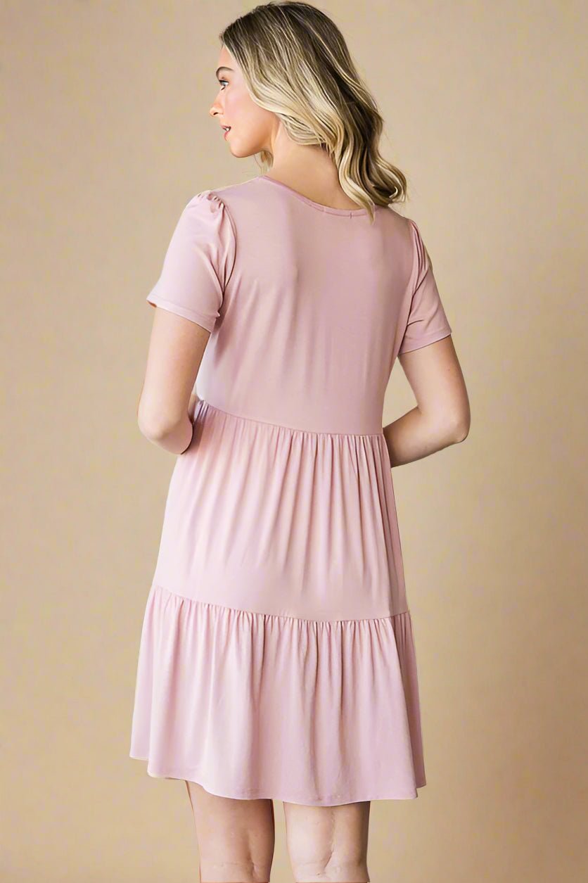 Heimish - Short Sleeve Tiered Mini Dress in Dusty Rose