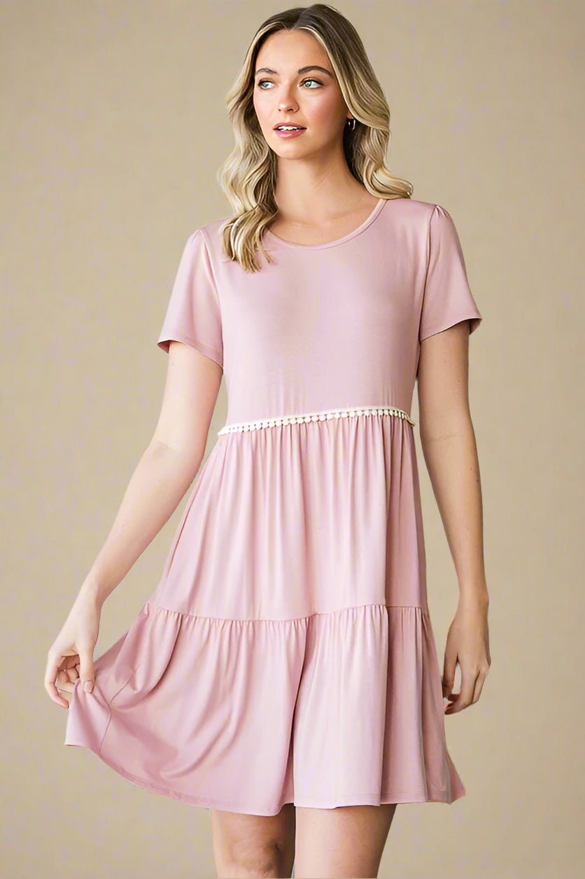 Heimish - Short Sleeve Tiered Mini Dress in Dusty Rose