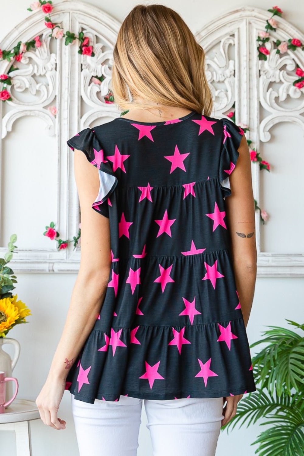 Heimish - Star Print Babydoll Top in Black Fuchsia