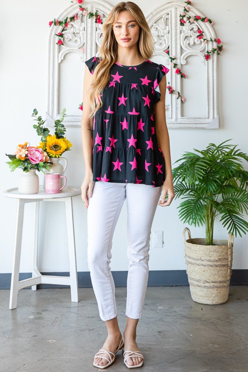 Heimish - Star Print Babydoll Top in Black Fuchsia