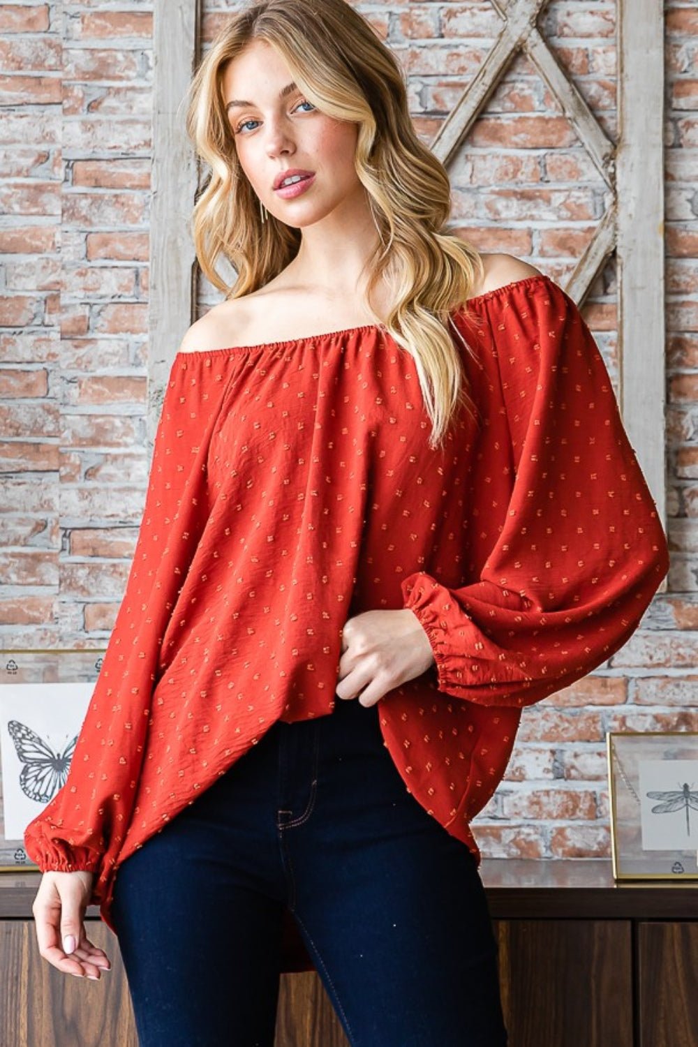 Heimish - Swiss Dot Off Shoulder Top in Rust