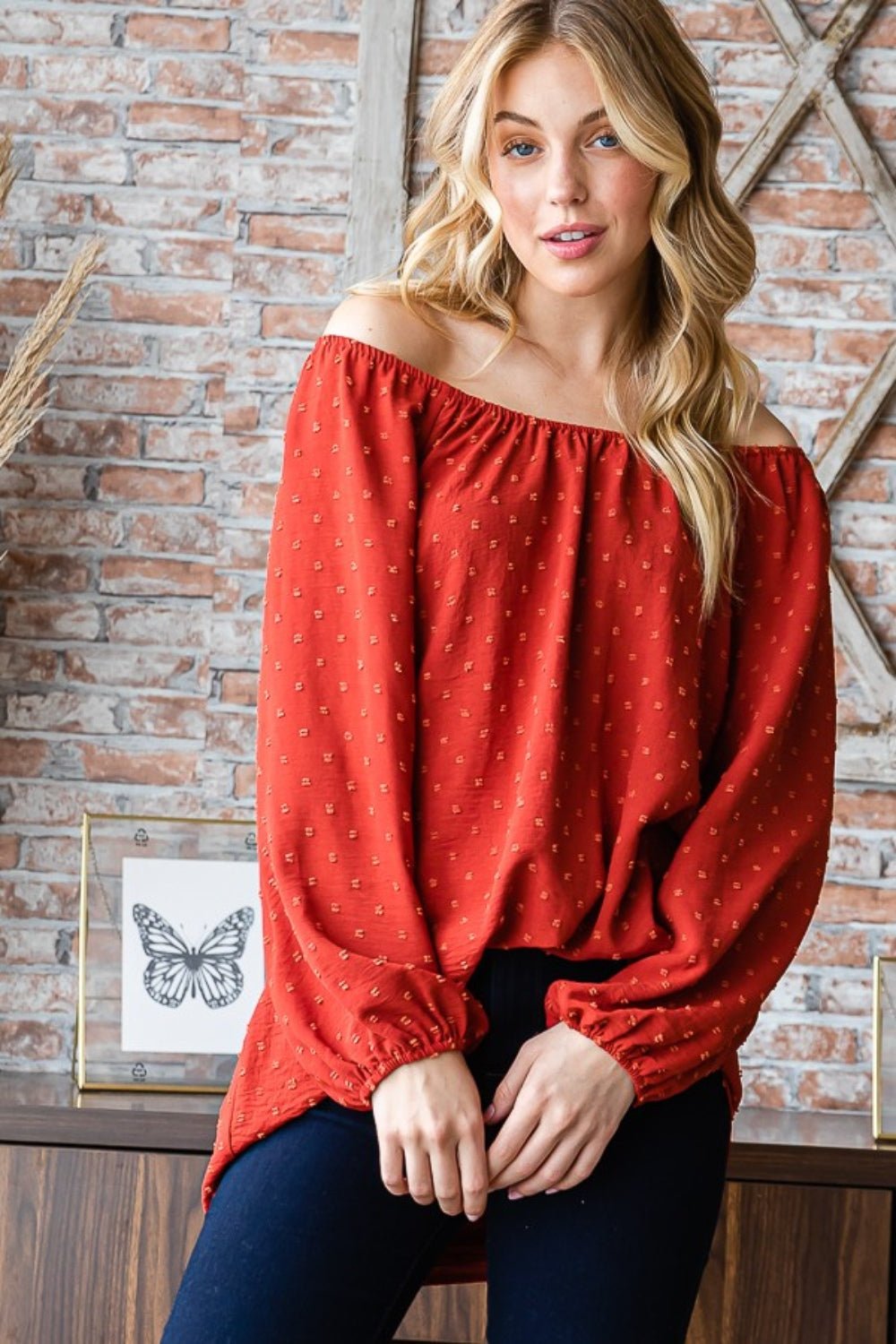 Heimish - Swiss Dot Off Shoulder Top in Rust