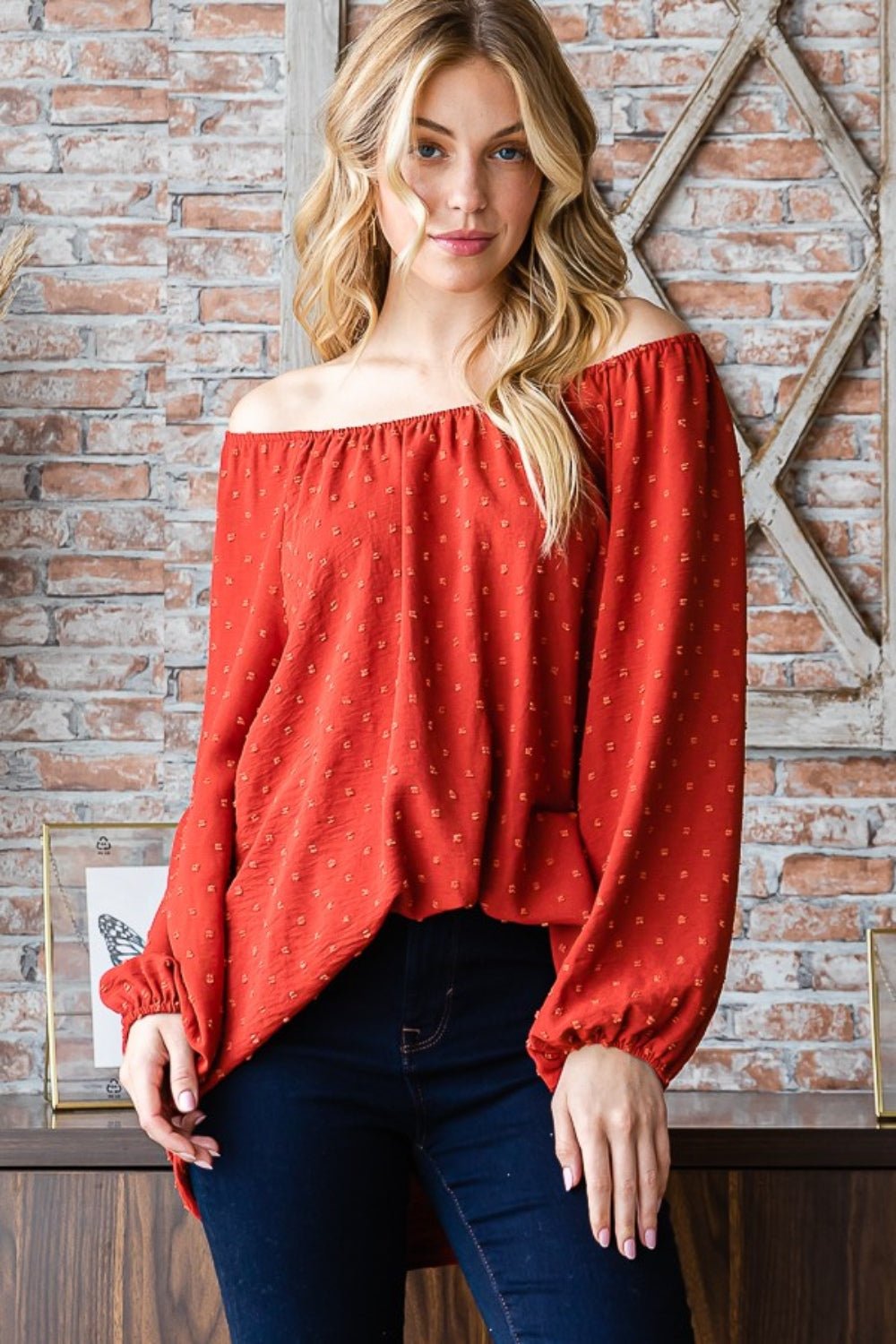 Heimish - Swiss Dot Off Shoulder Top in Rust