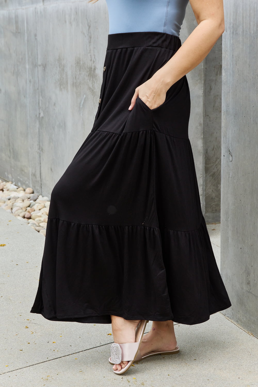 Heimish - Tiered Button Front Maxi Skirt in Black