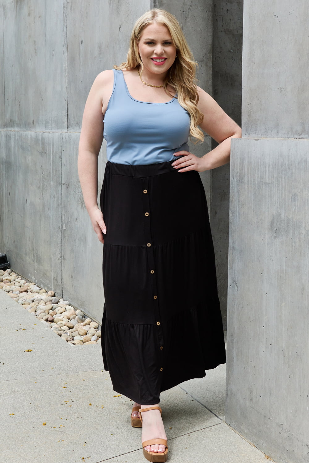 Heimish - Tiered Button Front Maxi Skirt in Black