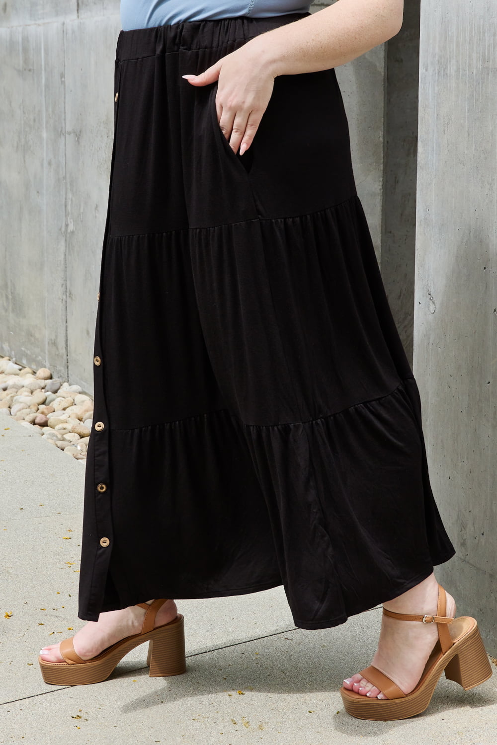 Heimish - Tiered Button Front Maxi Skirt in Black