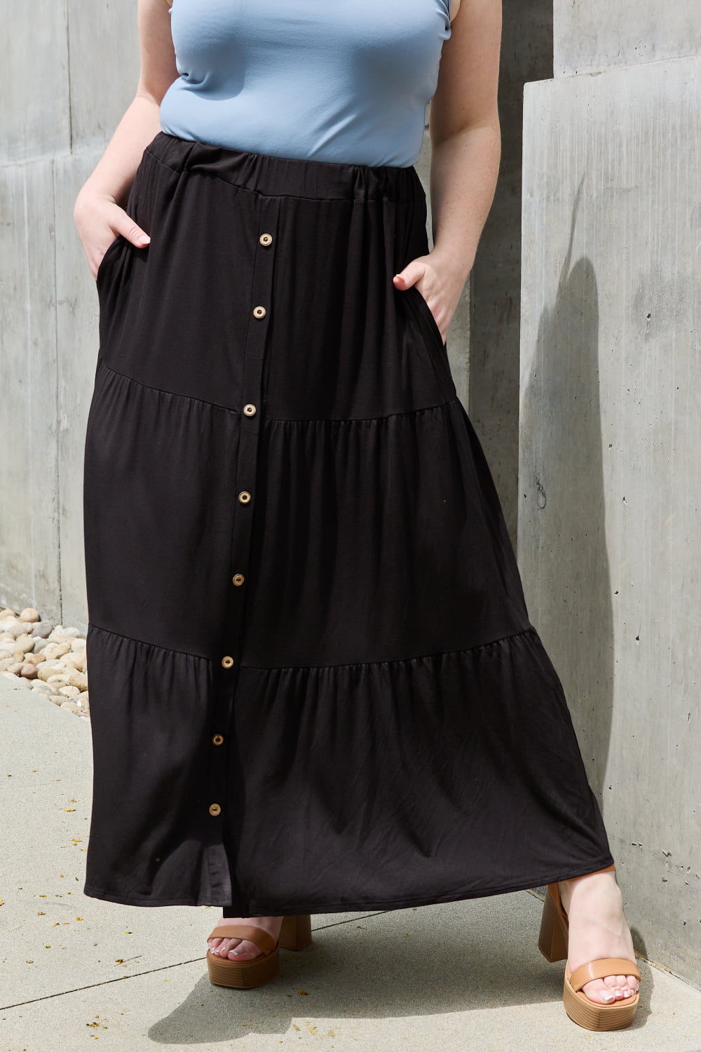 Heimish - Tiered Button Front Maxi Skirt in Black