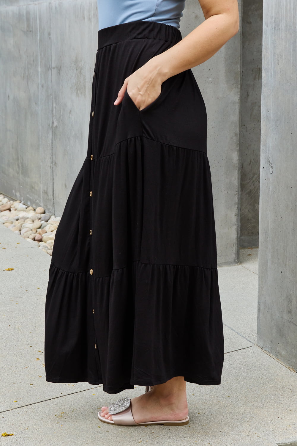 Heimish - Tiered Button Front Maxi Skirt in Black