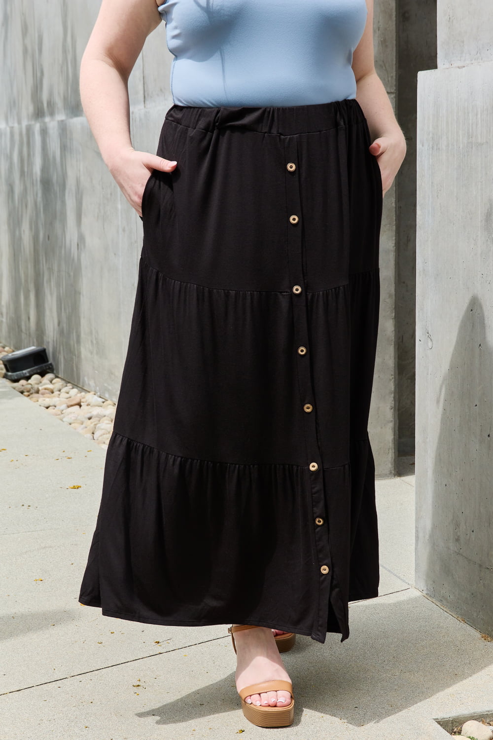 Heimish - Tiered Button Front Maxi Skirt in Black