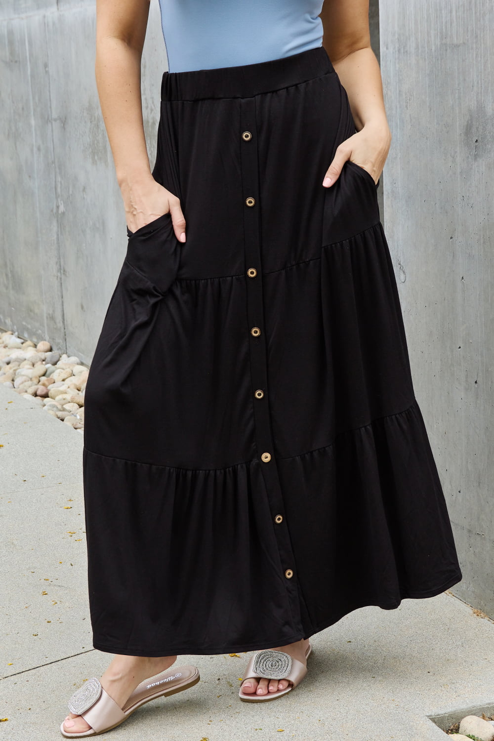 Heimish - Tiered Button Front Maxi Skirt in Black