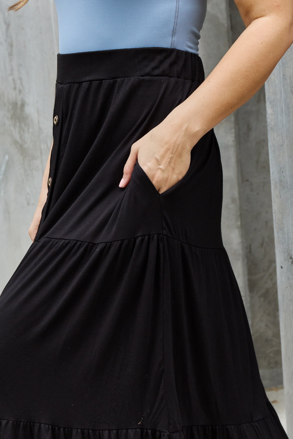 Heimish - Tiered Button Front Maxi Skirt in Black