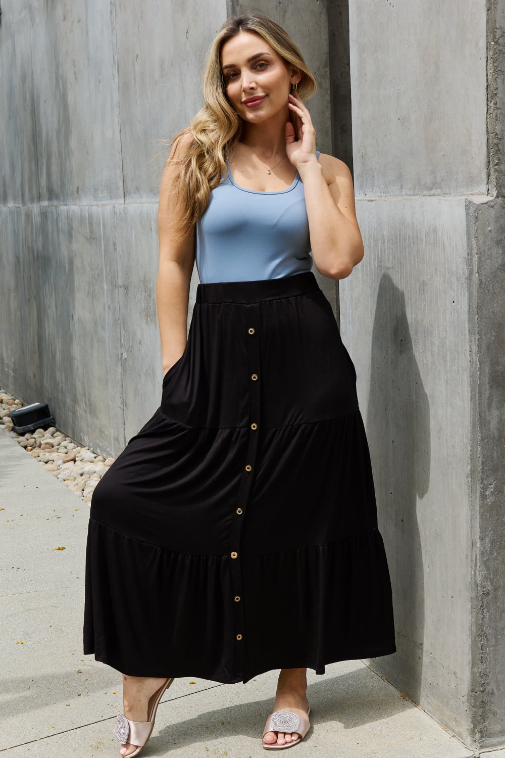 Heimish - Tiered Button Front Maxi Skirt in Black