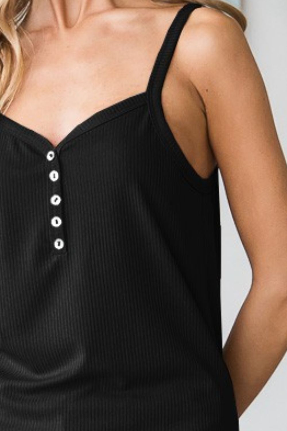 HeimishQuarter Button Rib Knit Cami in Black