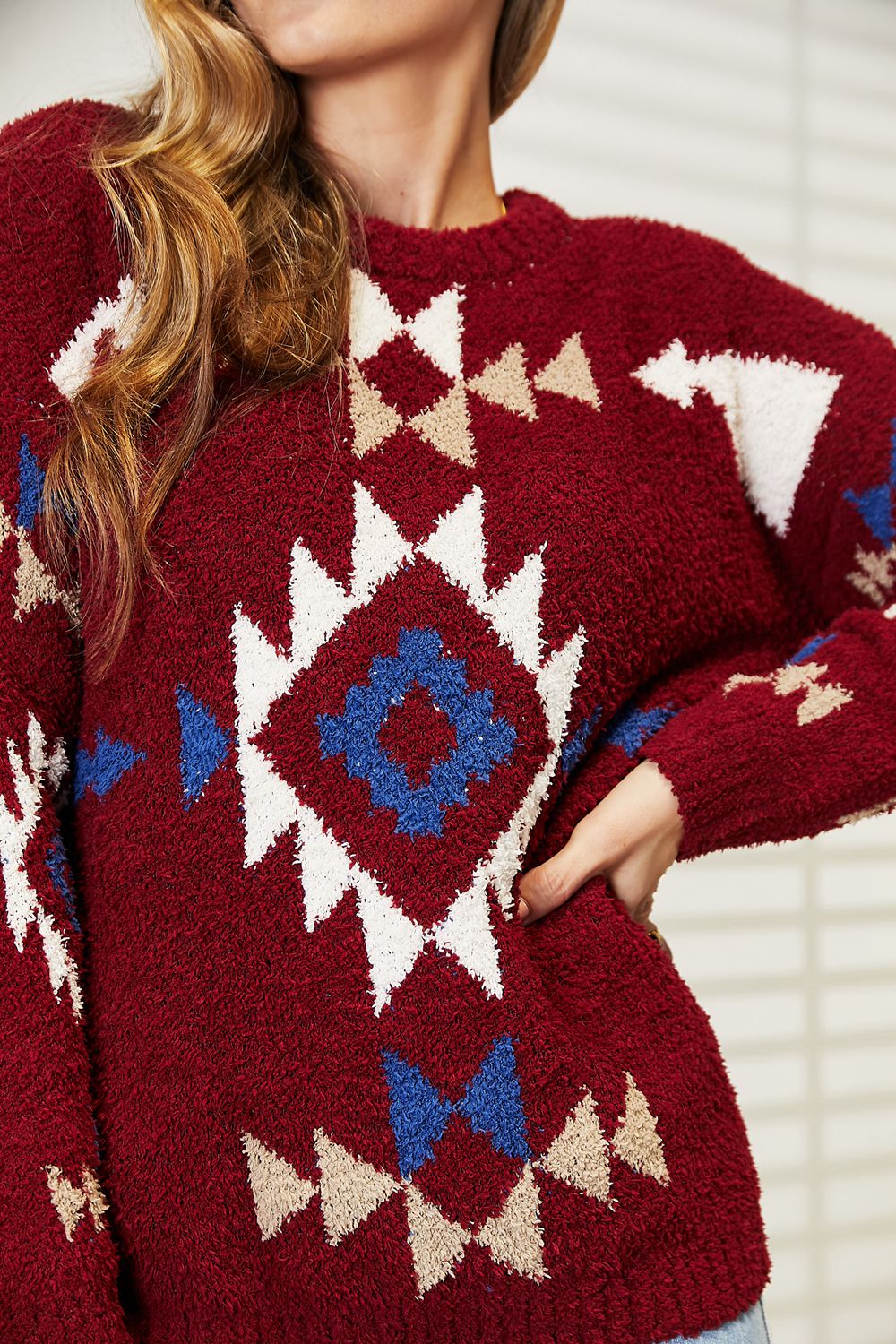 HEYSON - Aztec Pattern Soft Fuzzy Sweater in Burgundy